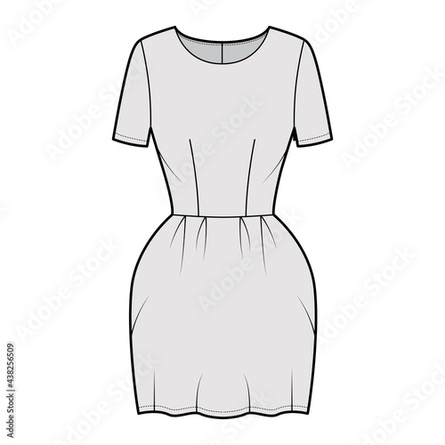 Dress bell technical fashion illustration with short sleeves, fitted body, mini length pencil skirt. Flat apparel front, grey color style. Women, men unisex CAD mockup