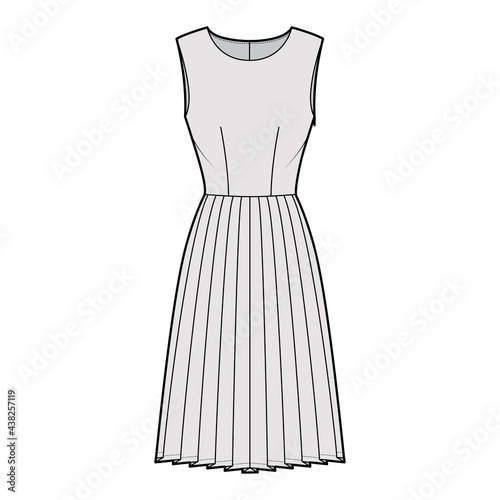 Dress pleated technical fashion illustration with sleeveless, fitted body, knee length skirt. Flat apparel front, grey color style. Women, men unisex CAD mockup