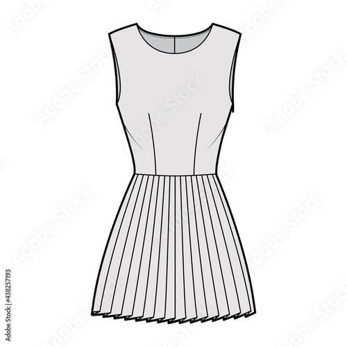 Dress pleated technical fashion illustration with sleeveless, fitted body, mini length skirt. Flat apparel front, grey color style. Women, men unisex CAD mockup