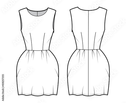 Dress bell technical fashion illustration with sleeveless, fitted body, mini length pencil skirt. Flat apparel front, back, white color style. Women, men unisex CAD mockup