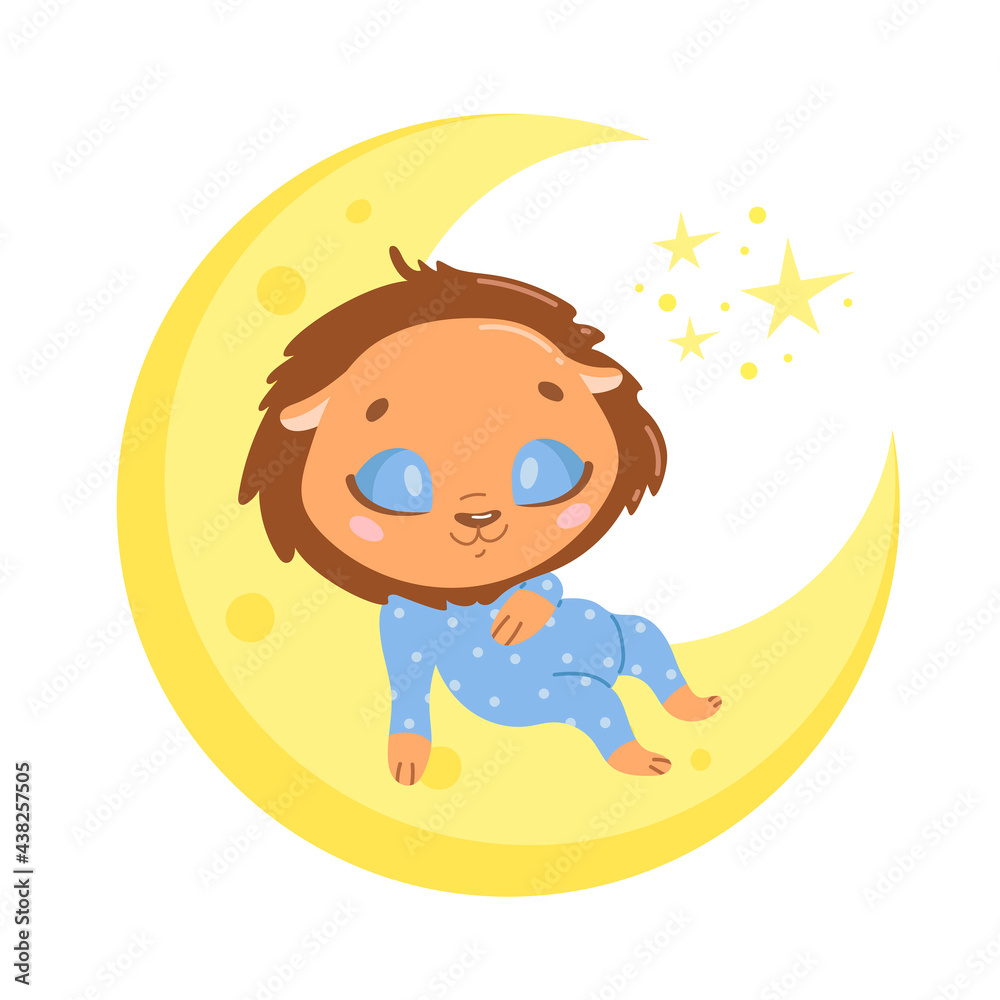 Vector illustration of a cute cartoon lion sleeping on the moon. Baby animals are sleeping. Vector illustration of a cute cartoon lion sleeping on the moon. Baby animals are sleeping.