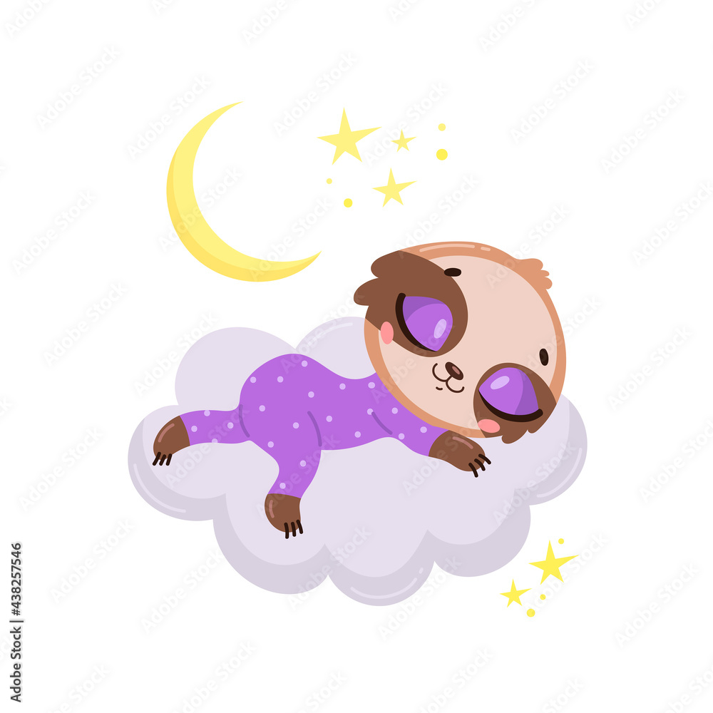 Fototapeta premium Vector illustration of a cute cartoon sloth sleeping on a cloud. Baby animals are sleeping.