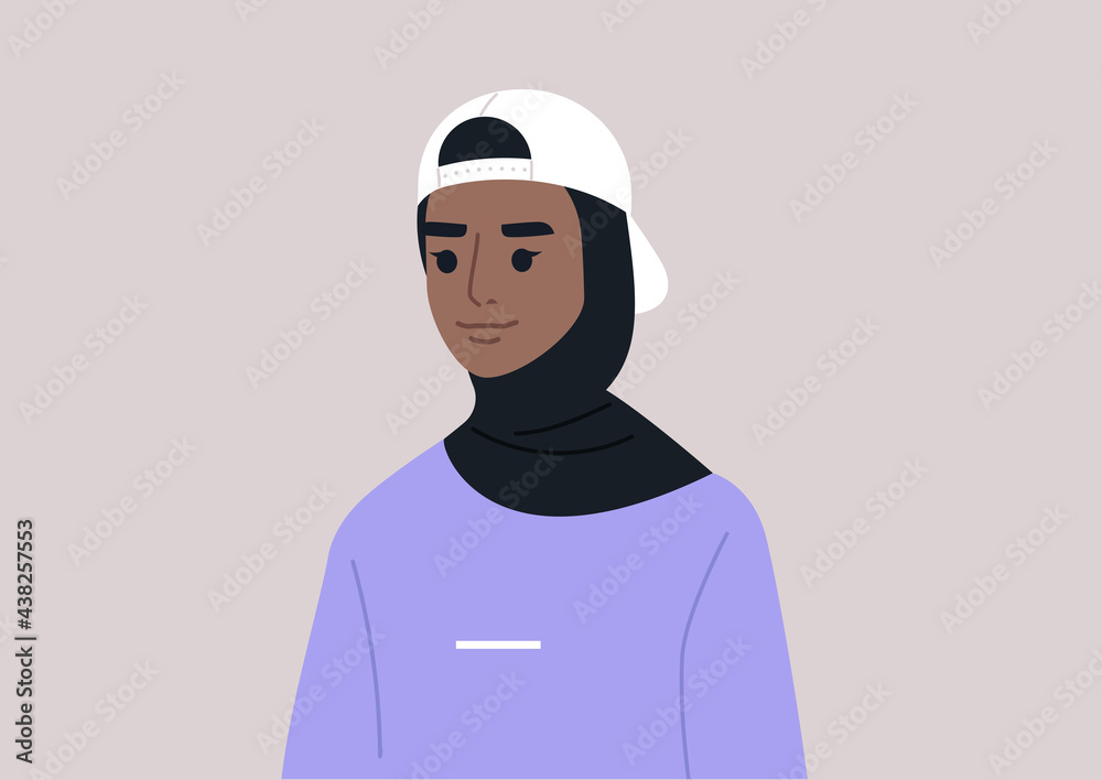 A portrait of a young female Muslim character wearing a hijab with a cap, modern lifestyle A portrait of a young female Muslim character wearing a hijab with a cap, modern lifestyle