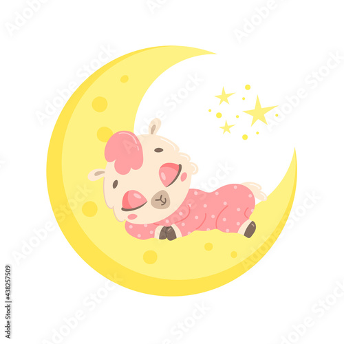 Vector illustration of a cute cartoon llama sleeping on the moon. Baby animals are sleeping.