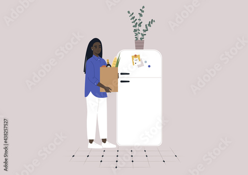 A young female Black character putting groceries into the fridge, daily household chores