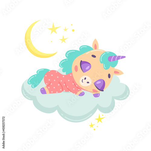 Vector illustration of a cute cartoon unicorn sleeping on a cloud. Baby animals are sleeping.
