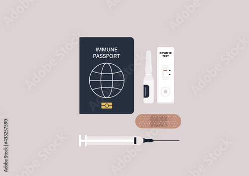 A tourist set during the global coronavirus pandemic, a travel document, an immunity passport, an ampoule, a syringe, an express covid test