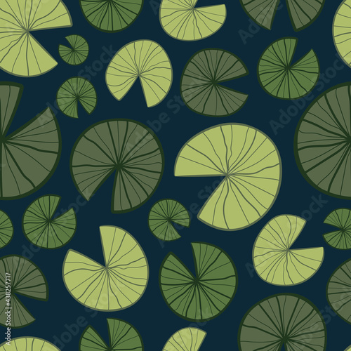 Lily Pad seamless vector repeat pattern texture. Modern, aesthetic abstract, illustrated, organic hand drawn design with light and dark green lotus leaves in a pond with a navy blue background.
