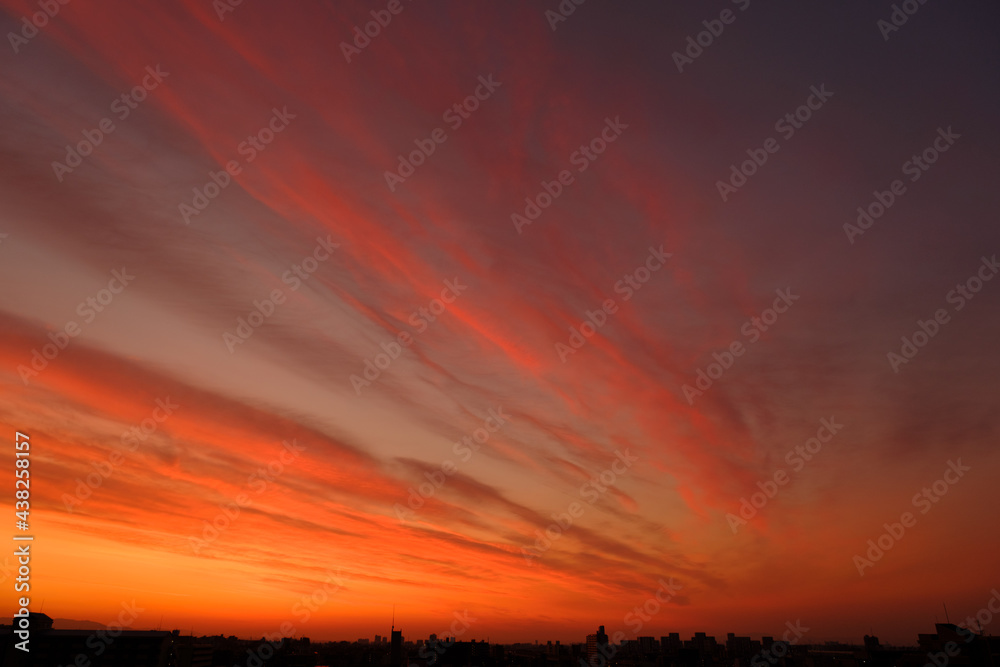 Fototapeta premium 神戸市東灘区の高層マンションからの日の出、東の空がオレンジ色に染まり、神戸・芦屋・西宮の街並みがシルエットで浮かぶ。一日の始まり。