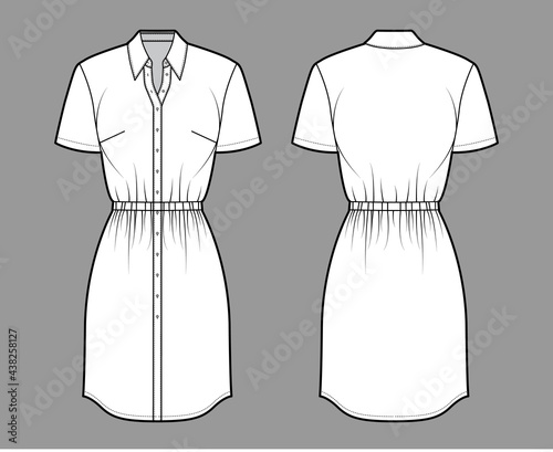 Dress shirt technical fashion illustration with gathered waist, short sleeves,, knee length pencil skirt, classic collar, button closure. Flat apparel front, back, white color. Women, men CAD mockup