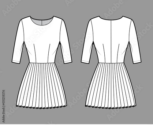 Dress pleated technical fashion illustration with elbow sleeves, fitted body, mini length skirt. Flat apparel front, back, white color style. Women, men unisex CAD mockup