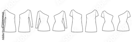 Set of Dresses one shoulder technical fashion illustration with long elbow short sleeve, oversized fitted body, mini length pencil skirt. Flat apparel front, back, white color. Women, men CAD mockup