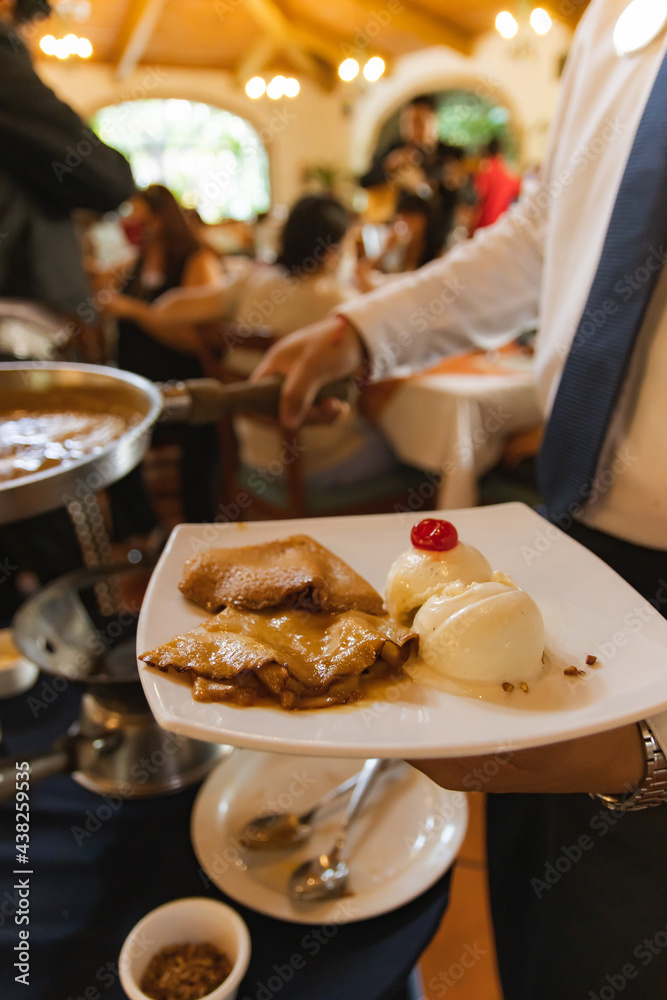 mexican dessert Cajeta crepes with vanilla ice cream close up caramel sauce mexican dessert Cajeta crepes with vanilla ice cream close up caramel sauce