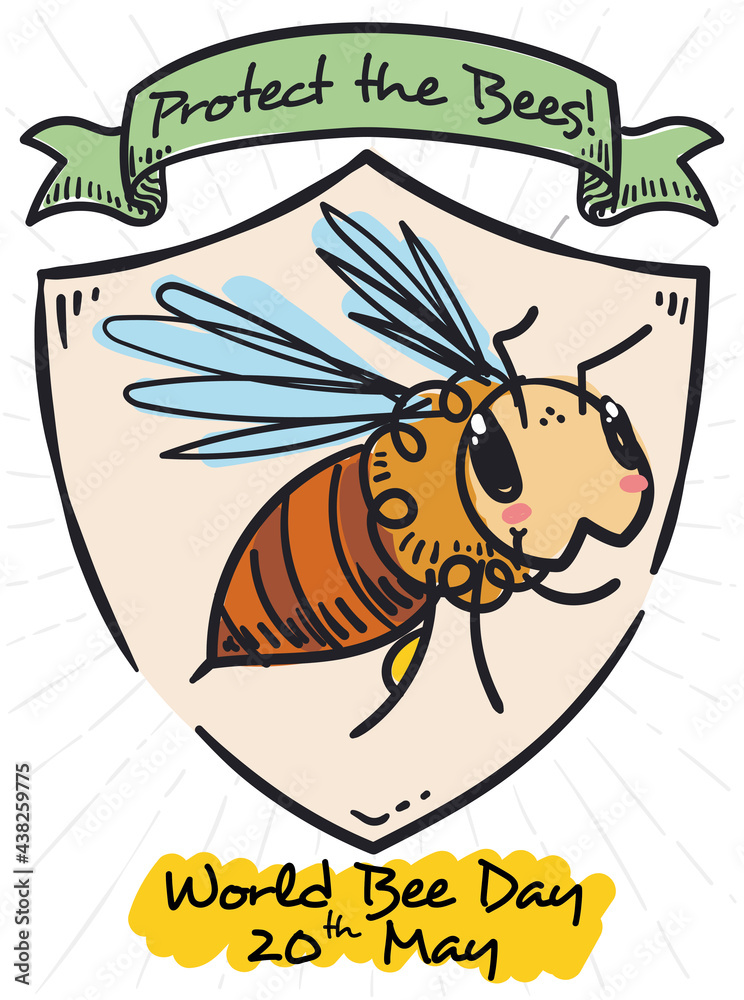 Shield, Ribbon and Cute Bee Promoting World Bee Day, Vector Illustration Shield, Ribbon and Cute Bee Promoting World Bee Day, Vector Illustration