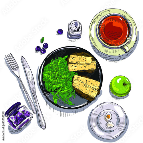 Still Life with Food. On a plate arugula salad, cheese next to a cup of tea, an apple, an upturned can of blueberry jam