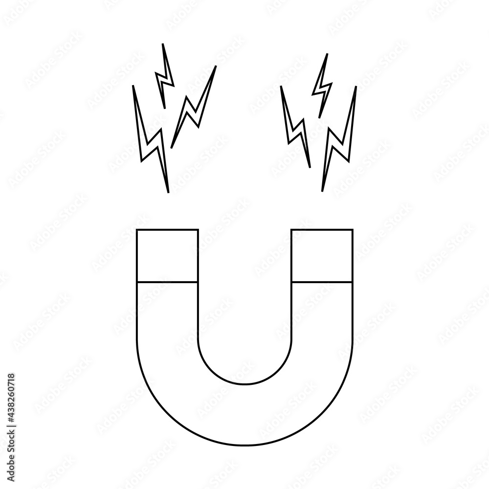 Horseshoe magnet with lightning flash outline icon. Symbol of magnetic power, attraction, influence. Editable stroke. Vector illustration in linear style. Horseshoe magnet with lightning flash outline icon. Symbol of magnetic power, attraction, influence. Editable stroke. Vector illustration in linear style.