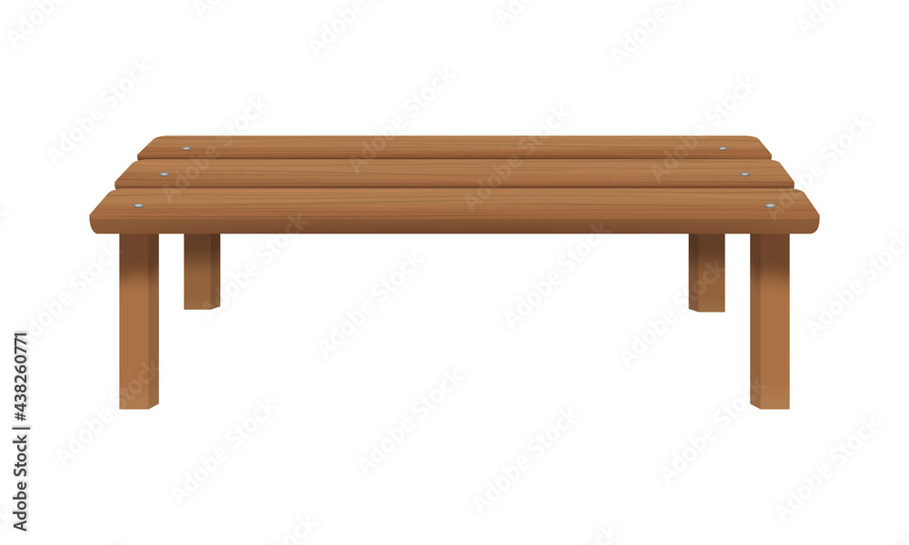 Wooden bench without back isolated on white background. Outdoor sitting furniture for patio, porch, garden, park. Front view. Vector cartoon illustration.