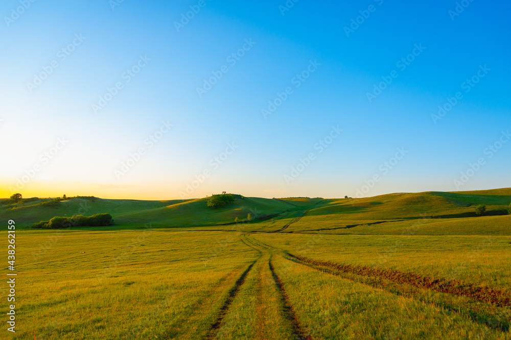 The road through the field to the mountains.