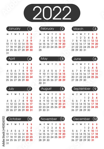 Calendar 2022. Planner 2022 year. Calendar design template. English calender. Сolor vector. Week starts on Monday.