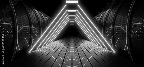 A dark tunnel lit by white neon lights. Reflections on the floor and walls. 3d rendering image.