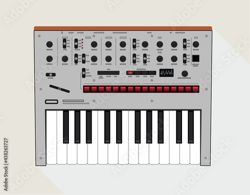 Realistic analog elektron machine, vector illustration. Synthesizers with high quality sound. Midi usb controller. Two and four octave keyboards. Equipment for DJs. Analog equipment hardware for music