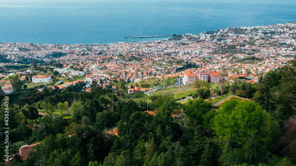 Aerial panoramic view of Funchal city from Monte, Madeira island