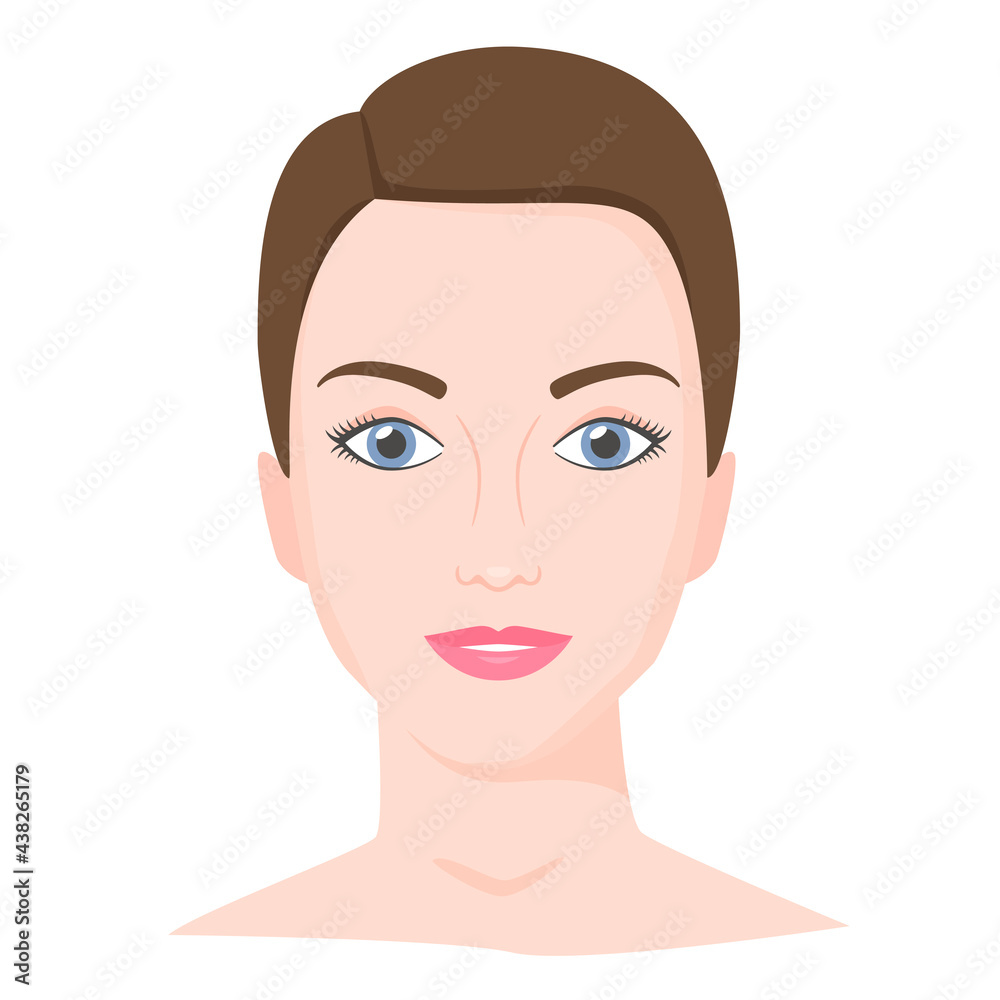 Young woman face with shot haircut. Female portrait of brunette in flat style. Natural beauty. Front view. Vector Young woman face with shot haircut. Female portrait of brunette in flat style. Natural beauty. Front view. Vector