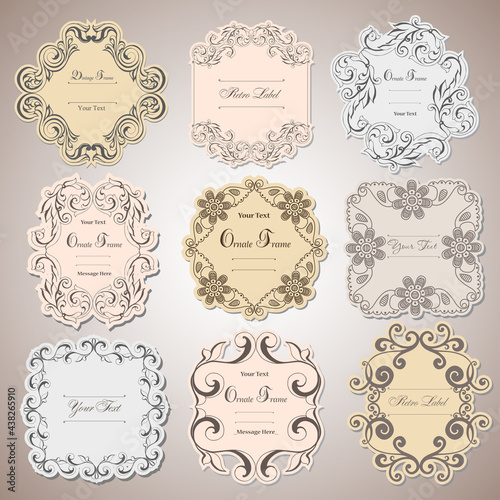 Vintage labels frames art-deco vector image. Vector damask vintage baroque scroll ornament swirl. Victorian monogram heraldic shield swirl.Retro floral leaf pattern border foliage antique  acanthus.