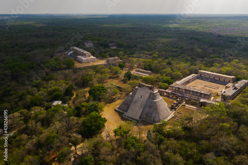 Pyramid of the Magician, in the Uxmal ancient Mayan city in Yucatan, Mexico. Aeriel view.