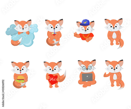 Set of cute funny emotional fox. Stickers fox. 