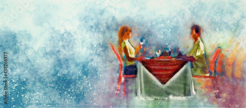 Romantic dinner. Watercolor love concept. © pronoia