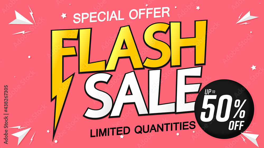 Flash Sale 50% off, poster design template, special offer, discount banner, vector illustration