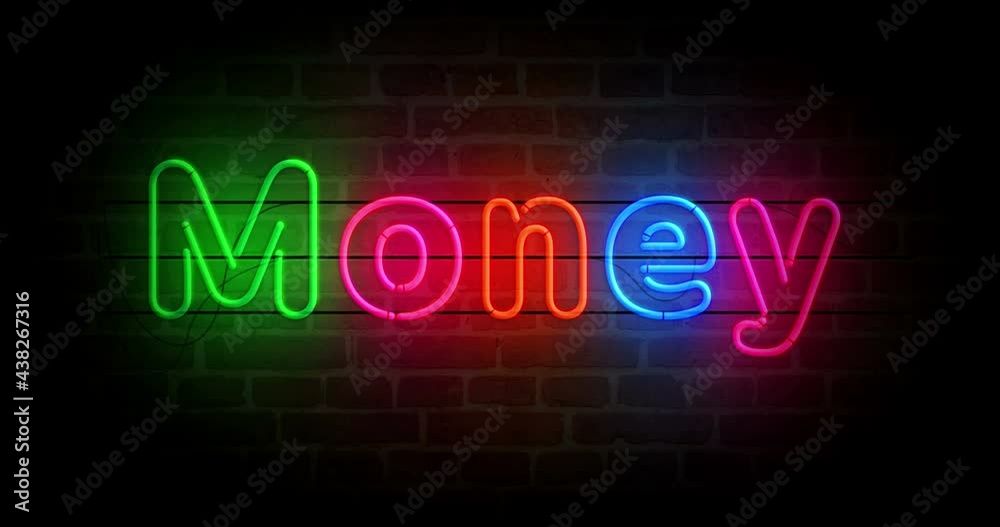 Money neon symbol on brick wall. Light color bulbs with business sign. Loopable and seamless abstract concept animation. Money neon symbol on brick wall. Light color bulbs with business sign. Loopable and seamless abstract concept animation.