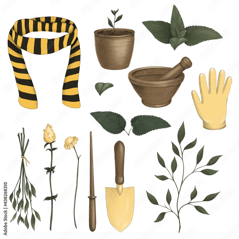 Naklejka premium Magic set of illustrations with garden equipment, scarf, leaves, flowers, branch, mortar and pestle, flower pot, shovel, glove, wand.
