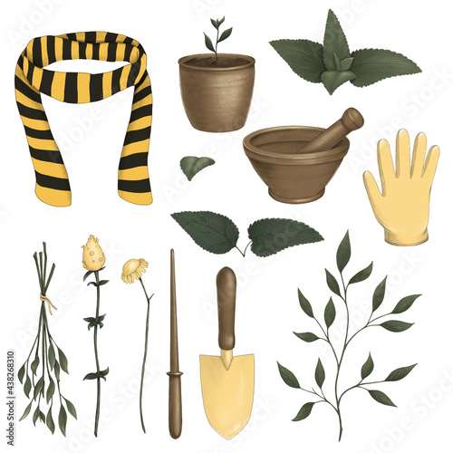 Fotografie, Obraz Magic set of illustrations with garden equipment, scarf, leaves, flowers, branch, mortar and pestle, flower pot, shovel, glove, wand
