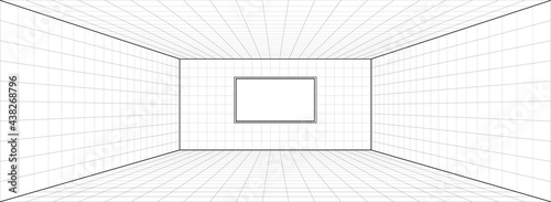 Room perspective grid background 3d Vector illustration. Interior design model projection background template. Line one point perspective