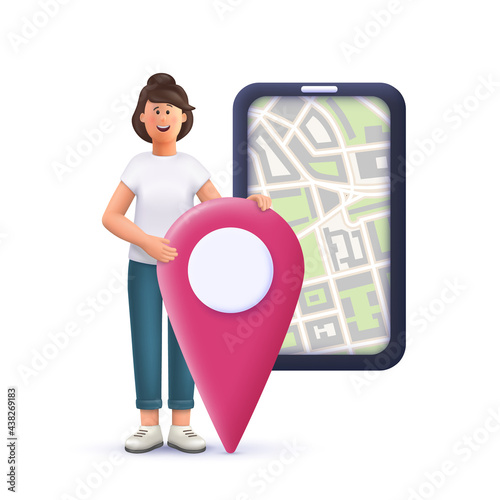 Young woman Jane marking locations on online city map on smartphone. Navigating, assignments, business concept. 3d vector people character illustration.