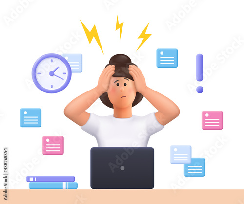 Stressed young woman Jane failed to meet deadline. Deadline pressure, stressful job.3d vector people character illustration.