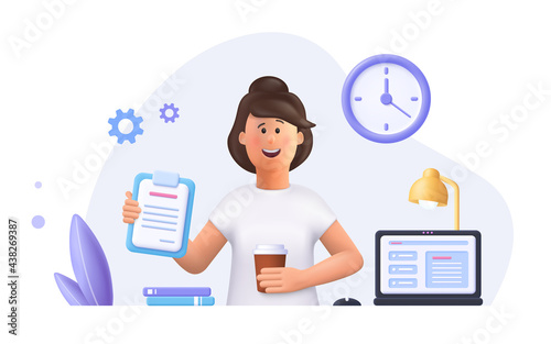 Young woman Jane - freelance worker working with laptop at home. Daily work routine. 3d vector people character illustration.