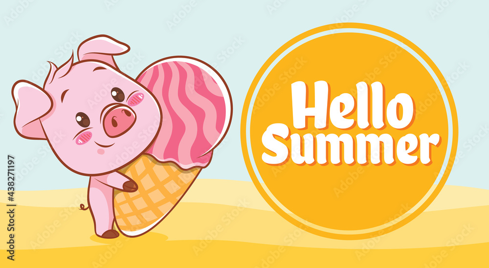 cute pig hugging ice cream with a summer greeting banner. cute pig hugging ice cream with a summer greeting banner.