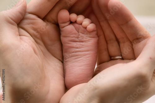 small newborn baby leg in happy mother's hands
