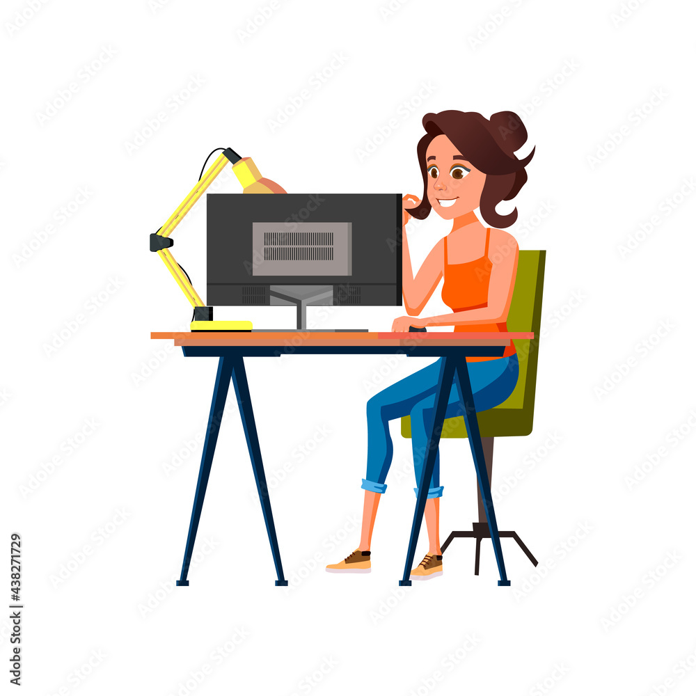 woman creator digital image processing on computer cartoon vector. woman creator digital image processing on computer character. isolated flat cartoon illustration