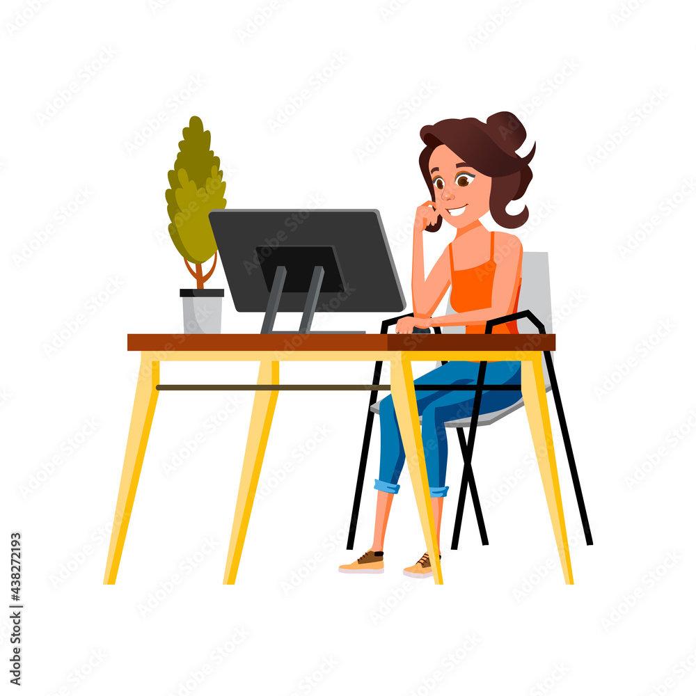 artist woman developing web site design on computer cartoon vector. artist woman developing web site design on computer character. isolated flat cartoon illustration