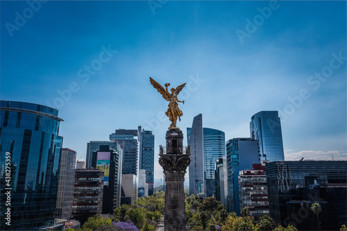 Aerial view during the month of March of Reforma avenue and its buildings and the statue of the Angel of Independence