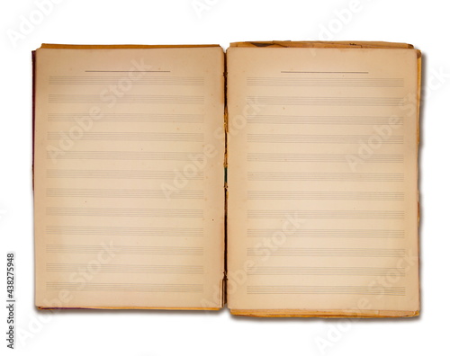 Old music score notebook or staff book. Isolated on white.