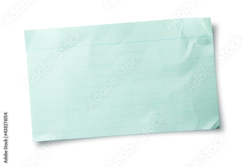 Blue index card or recipe card isolated on white. with folds and bent (warped) corners.