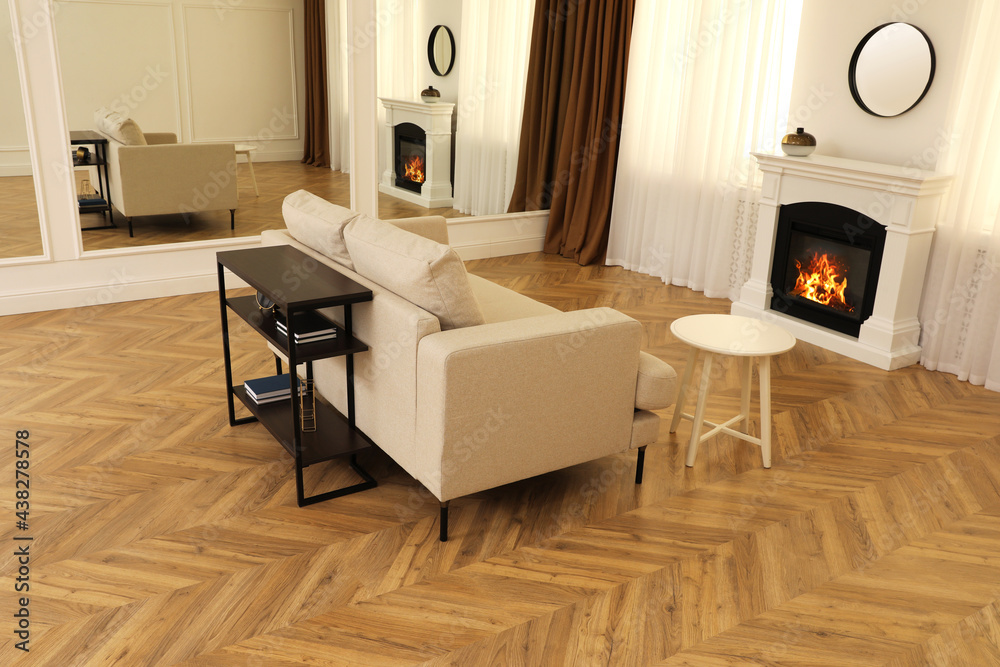 Fototapeta premium Modern living room with parquet flooring and fireplace