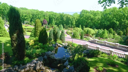 Panorama of topiary garden on the hill slope, Mezhyhirya Residence, Ukraine photo