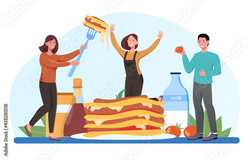 Smiling young male and female characters enjoing tasty lasagna together