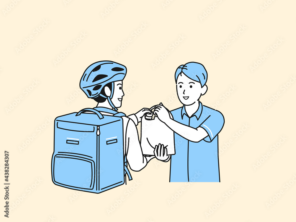 フードデリバリー 配達員 男性 荷物を渡すコンビニの店員 イラスト素材 Stock Vector Adobe Stock